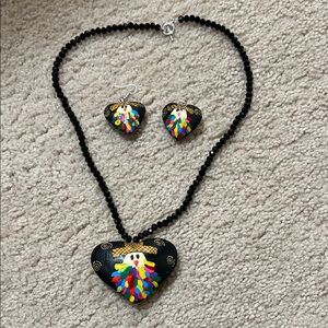 Oaxaca Hand-Painted “Tiliche” Black Heart Necklace & Earring Set, One of a Kind